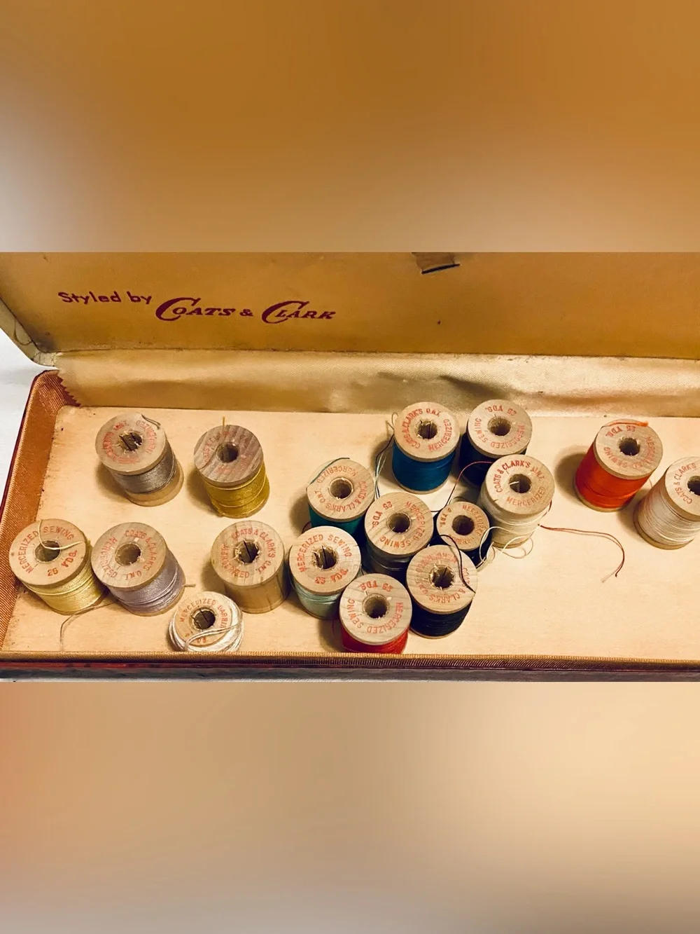 Coats and Clark Leatherette Case with Threads. Visible signs of age.